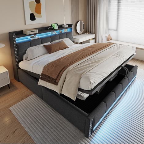 lit adulte double rangement hydraulique 180x200 gris OKMYHOME (1/5)