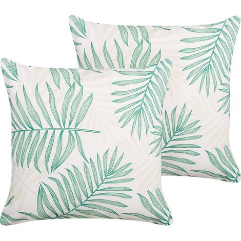 Conjunto de 2 cojines de jardín almohada de exterior 45 x 45 cm poliéster motivo hojas palmera beige y verde Poggio