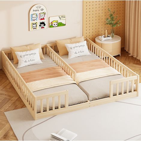 Letto per bambini 90x200 cm in pino naturale, basso, con sponde di sicurezza e rete a doghe (1/5)