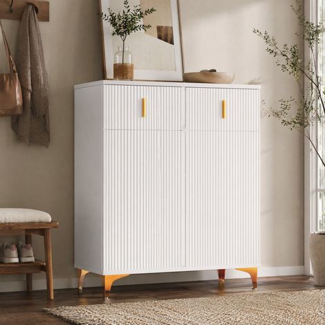 Zapatero blanco 83 x 35 x 101 cm con 2 cajones, 2 puertas y estantes regulables HAVRYA (1/5)