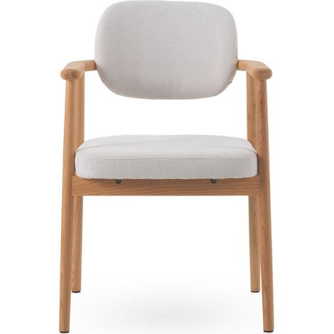 Set aus 4 Sesseln aus naturbelassenem Eichenholz, bezogen mit beigefarbenem Stoff (1/5)