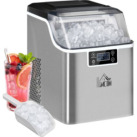 Machine à glaçons, capacité de production de 20 kg en 24 heures, 24 glaçons en 14 à 18 minutes avec pelle, taille ajustable, réservoir de 3,2 L et système autonettoyant, couleur argent.