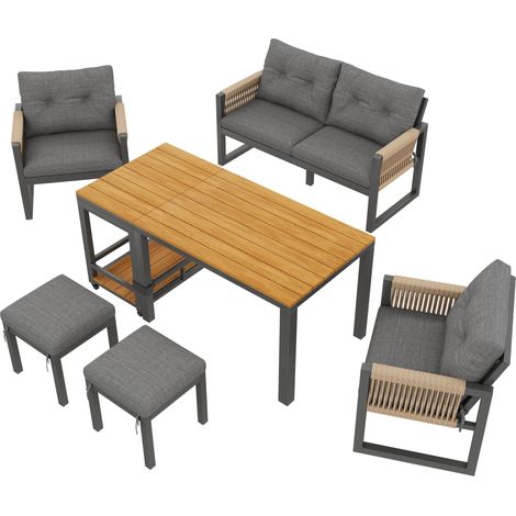 Ensemble de mobilier d'extérieur Modenuit en fer avec canapé 2 places, fauteuils, tabourets, table amovible et coussins gris naturel (1/5)