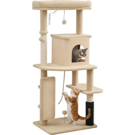 Arbre à chat, tour de jeu, hauteur de 132 cm, avec lit, maison, brosse de toilette, 55 x 44 x 132 cm, beige
