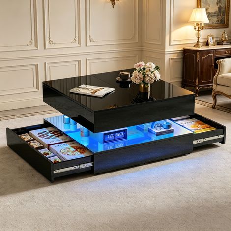 Table basse haute brillance, Table Basse Carrée avec Éclairage LED RGB Multicolore et 2 Tiroirs, Meuble de Salon avec Rangement, Noir