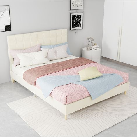 Lit double rembourré en tissu beige 140 x 200 cm avec tête de lit capitonnée (1/5)