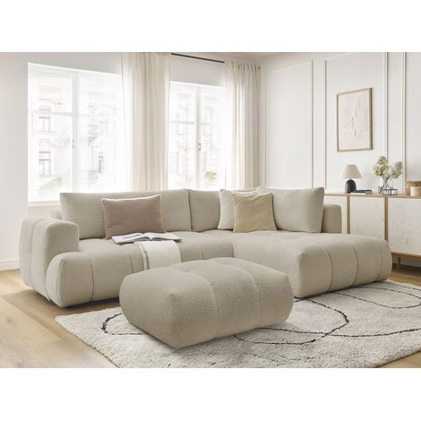 BOBOCHIC - Canapé d'angle L convertible FUJI tissu bouclette avec pouf Angle droit  Beige (1/5)