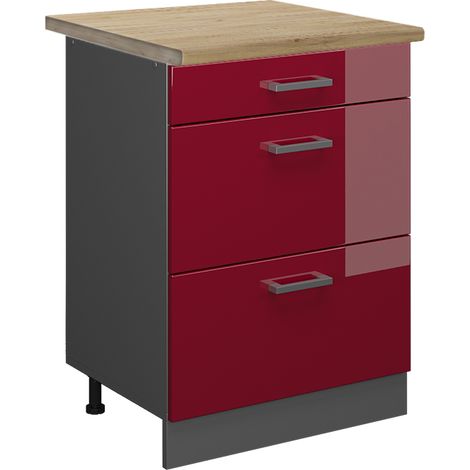 Küchenunterschrank R-Line, Bordeaux Hochglanz, 60 cm mit Schubladen, AP Eiche, Vicco