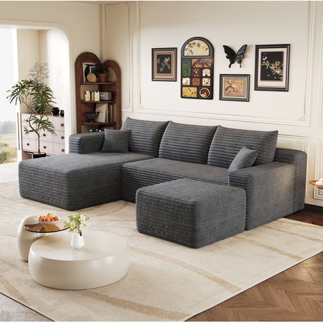 Divano angolare a L 241 cm in tessuto a coste grigio scuro, senza montaggio, OKWISH (1/5)