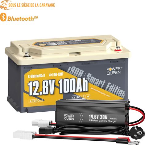 Power Queen – Batterie lithium 12V 100Ah 1280Wh LiFePO4 – Bluetooth 5.0 – Charge rapide 20A – Compatible camping-cars et systèmes solaires - Hauteur188mm (1/5)