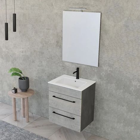 Mobile bagno sospeso 55 cm Smart grigio legno/lava con lavabo e specchio (1/5)