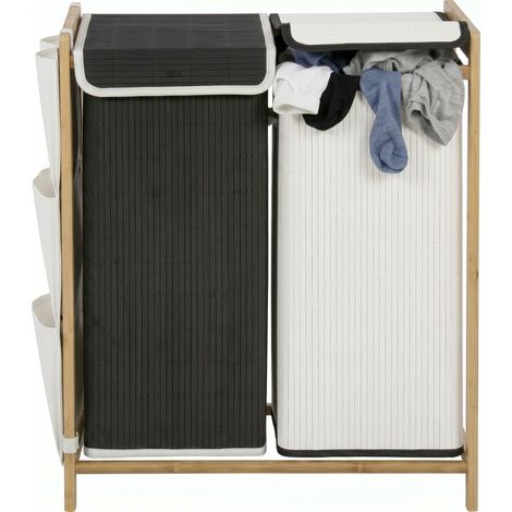 HOMCOM Cesto Biancheria Sporca 120L con Coperchi e Tasche, Nero e Bianco (1/5)