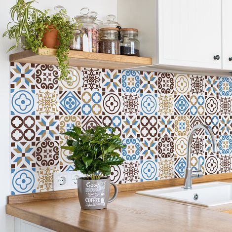 Sticker Mural Carrelage adhésif Cuisine Salle de Bain - 9 STICKERS CARREAUX DE CIMENT AZULEJOS NEVEA - 9stickers15x15cm (1/5)