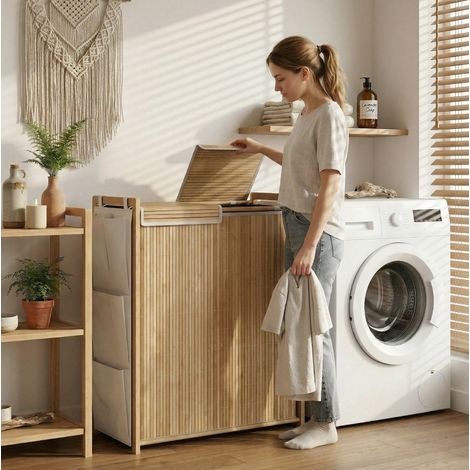 Wäschekorb 63x33x78 cm Natur aus Bambus mit Deckel, 2 Wäschesäcken und 4 Seitentaschen (1/5)