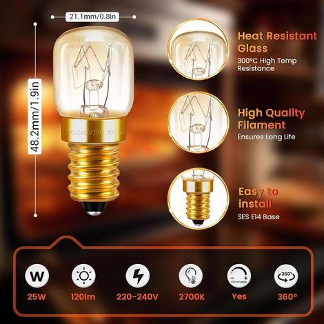 T22 E14 Ofenlampe, dimmbar bis 300°, 120 lm, warmweiß (2700 K), 220–240 V Wechselstrom, E14-Fassung, geeignet für Backofen, Mikrowelle, Kühlschrank und Salzkristalllampe, 2er-Pack (1/5)