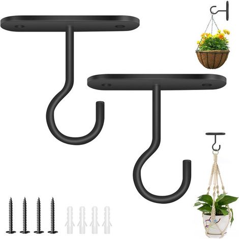 2 soportes metálicos para cestas colgantes, ganchos decorativos de pared para exteriores para macetas y comederos para pájaros, color negro (1/5)
