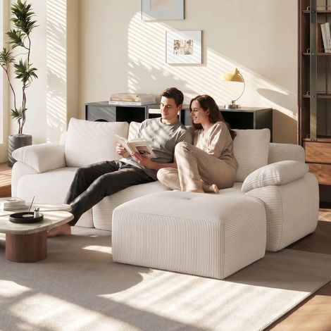 Canapé d'angle convertible 4 places, Canapé compressé avec chaise longue et 3 dossiers rembourrés, Canapé modulable 264 cm pour Salon Chambre, sans Montage, Velours côtelé, Beige (1/5)