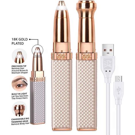 Épilation sourcils dorée, Rasoir visage femme sans douleur, 2-en-1 taille-sourcils et épilateur, Retire poils sourcils lèvres nez corps, Brosse lumière LED intégrée (1/5)