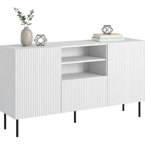Credenza Malo, Madia da salotto con due ante battenti, un cassetto e due vani aperti, Design con effetto cannettato, 150x42 h82 cm, Bianco