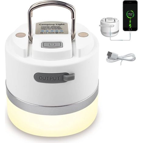 Lampe de Camping, Lanterne de Camping à LED Lampe de Tente Rechargeable par USB,étanches IP65, avec Crochet, Lampe Camping à Aimant à Intensité Variable pour la Randonnée, Les Urgences [Classe énergét (1/5)