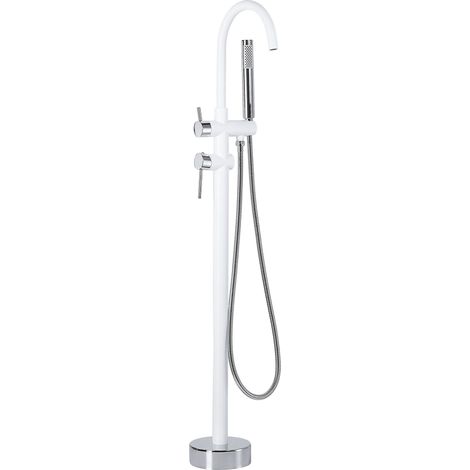 Bath Mixer Tap White with Silver Brass Stainless Steel Freestanding Bathtub Faucet with Hand Shower Modern Design TUGELA