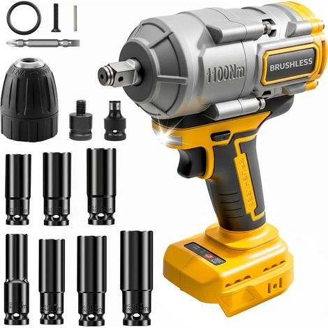Visseuse à percussion sans fil 1100 Nm compatible avec 18 V/20 V – Clé sans balais 1/2" avec 7 clés à douille pour réparation automobile, changement de pneus et travaux de construction (sans (1/5)