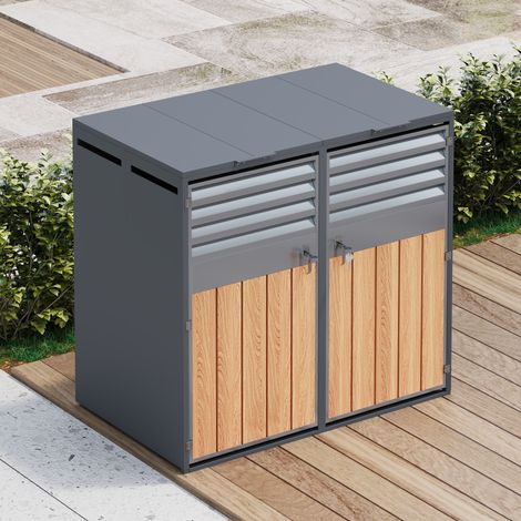Mülltonnenbox für 2 Tonnen 132x80x118.5cm mit hydraulischem Klappdeckel und Schloss Verzinkter Stahl Industrial Grau und Holzoptik