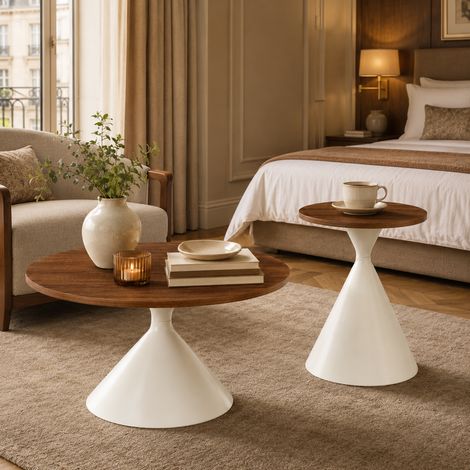 Table basse ø70 x h40 cm + ø50 x h50 cm 2 pièces forme ronde plateaux effet noyer chaleureux pieds en acier carbone coloris blanc (1/5)