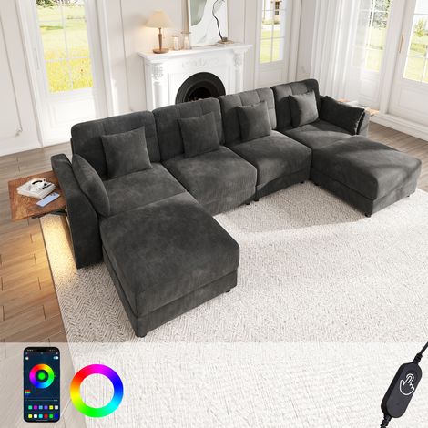 Canapé d'angle modulable en chenille en U/L avec 2 poufs amovibles,éclairage LED,table d'appoint rabattable,6 coussins,canapé 6 places,gris (1/5)