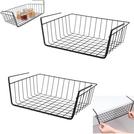 Lot de 2 paniers de rangement - Panier suspendu - Panier en métal - Panier à glisser sous un bureau - Panier à placer sous une étagère - 30 cm x 24 cm x 10 cm - Noir - Convient pour les armoires, les (1/5)