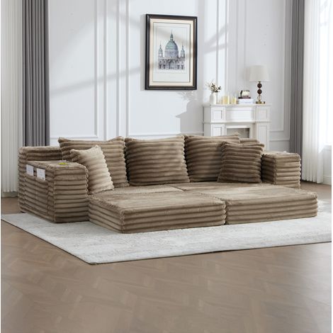 Canapé convertible 273x98x87 cm kaki en velours côtelé avec poches latérales, porte-gobelets et coussins (1/5)