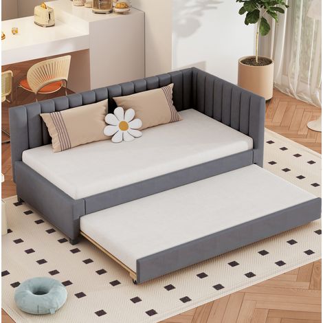 Tagesbett 90x200 cm grau in Samt mit Ausziehbett und Lattenrost (1/5)