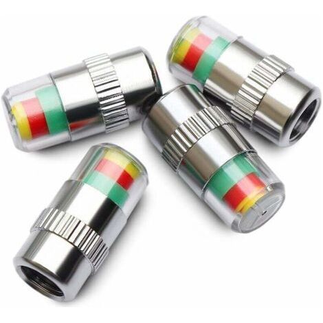 Lot de 4 Capuchons de Valve de Pneu avec Indicateur 3 Couleurs, Chrome + PC, Avertissement Visuel Pression des Pneus (1/4)
