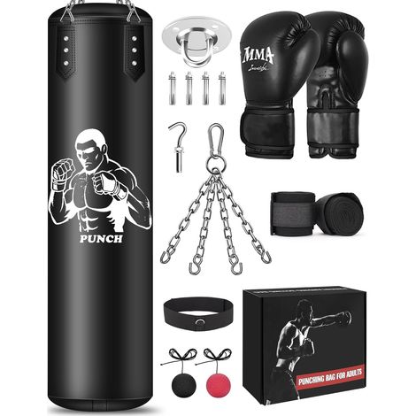 Non remplie Sac de Boxe Adulte, 120cm Sac de Boxe à Suspendre avec Une Gamme complète d'accessoires, Sac en Cuir Microfibre pour l'entraînement Kickboxing Fitness MMA Grappling Muay Thai (1/5)