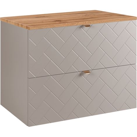 Furnidea - Meuble sous vasque MADIS CACHEMIRE 80 cm avec le plan CHÊNE - 2 tiroirs, façades motif chevron, design moderne (1/5)