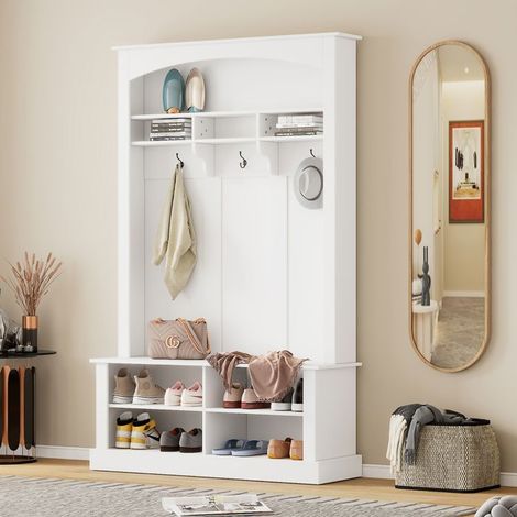 3-in-1 Porte-manteau multifonctionnel - avec porte-chaussures et blanc - pour hall d'entrée - blanc, 3 crochets - grande rangement (1/5)