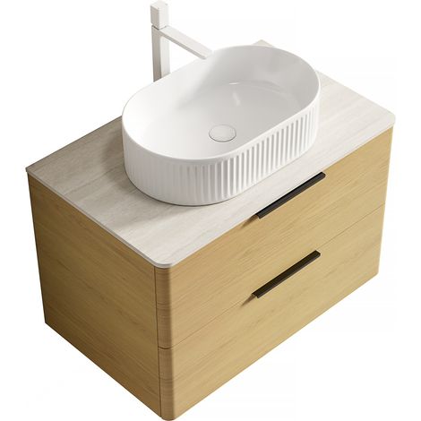 Hängendes Badmöbel 75 cm mit ovalem weißem Waschbecken, Sintersteinplatte, 2 Schubladen (1/3)