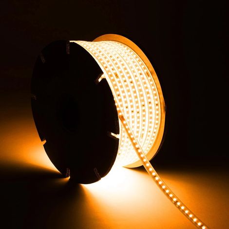 Tira LED Regulable 220V SMD 120 LED/m BOBINA 50m 7.5W/m 750lm/m Ancho 12mm Corte 20/100cm IP65 2200K Súper Cálido