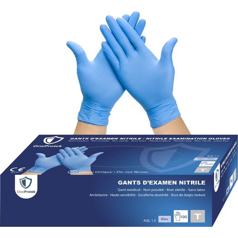 Gants jetables en nitrile - Boîte de 100 gants jetables non poudrés - Taille M (Moyenne) - Bleu - Sans latex - Résistants et Protection contre les produits chimiques (1/5)