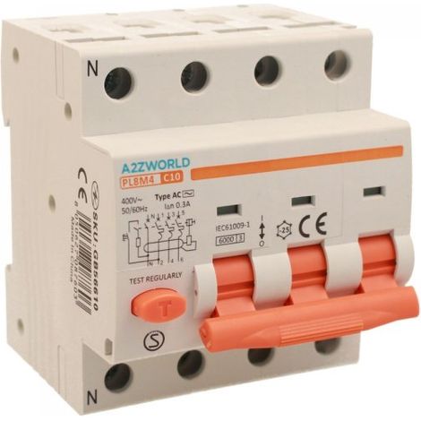RCBO Interruttore Magnetotermico Differenziale Tipo AC Curva C 3P+N 4M 6000A 300mA C10A AC 400V IP20 IEC61009-1 PL8M4