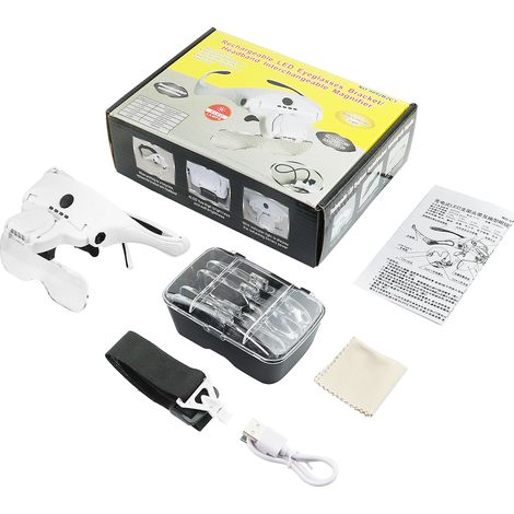 Lupa de diadema con luz LED, lupa de cabeza con 5 lentes desmontables (1.0X, 1.5X, 2.0X, 2.5X y 3.5X), para trabajos de precisión, lectura, joyería, bordado, costura y joyería. (1/5)