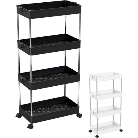 Linxor – Desserte de cuisine large à roulettes – 4 étagères – 86 cm de hauteur – Plastique et acier inoxydable – Roues pivotantes 360° avec freins