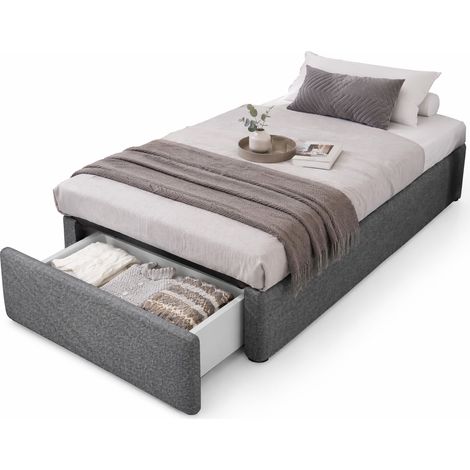 Letto imbottito 90x200 cm con contenitore idraulico e cassetto, senza testiera, grigio, struttura stabile e stile classico – CHICFURN (1/5)