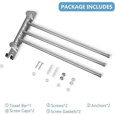 Porte Serviettes - 3 Barres Rotatives 180° - Acier Inoxydable SUS304 - Murale - 40 cm - Argent (1/5)