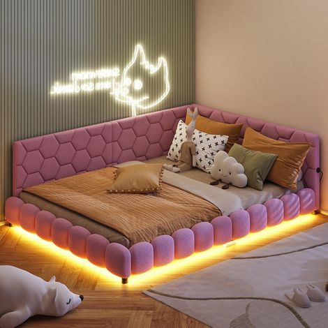 Tagesbett 140x200 cm mit RGB-LED und USB-Anschlüssen, modern, Teddystoff, Rosa
