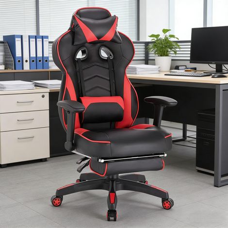 Sedie da scrivania gaming con telaio in metallo, schienale e poggiatesta regolabili, nero e rosso
