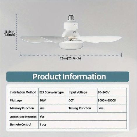 ventilateur à douille, ventilateur de plafond à vis avec lumières et télécommande, ampoule E26/E27 facile à installer, base de r (1/4)