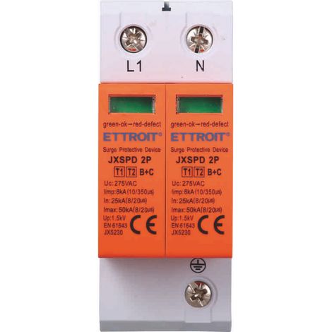 Scaricatore di sovratensione 220V Tipo T1+T2 B+C 2P Poli 275V 25kA-50kA Occupa 2 Moduli DIN Ettroit JX5230
