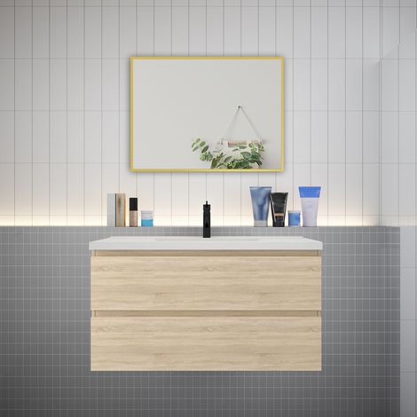 Meuble de salle de bain 2 tiroirs avec lavabo et miroir encadré–Chêne l.99 x W.46 x H.52 cm-suspendu (1/5)
