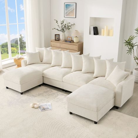 Sofá esquinero modular en forma de U/L, de 6 plazas, con 2 reposapiés extraíbles puerto de carga USB/Tipo C 8 cojines ajustables + 2 cojines decorativos chenilla repujada, color beige. (1/5)